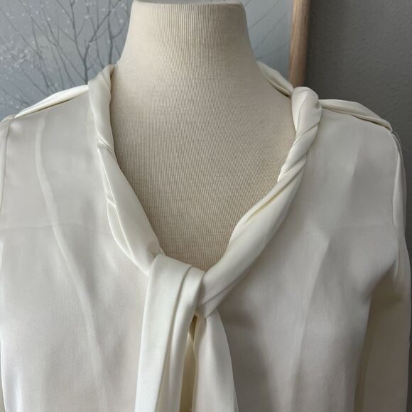 Anne Klein cream neutral Silky rolled neck Tie Blouse Size small business work - Picture 3 of 13